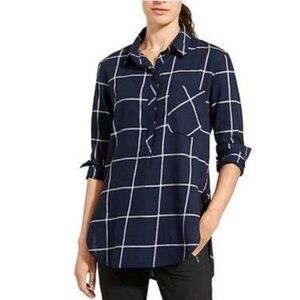 Athleta Presidio Tunic Top Navy Plaid Button Front Relaxed Fit Size XL